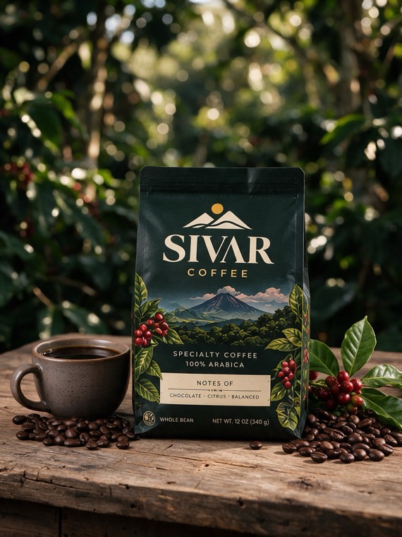 Bolsa de SIVAR Coffee con una taza de café y granos tostados